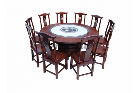 实木中式下沉式火锅桌带玻璃转盘餐桌椅组合